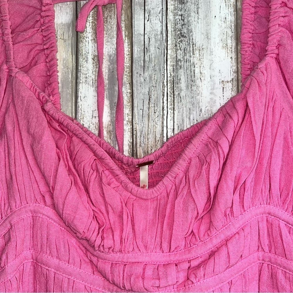 NWT Free People Chloe Pink Smocked Tie Back Blouse Puff Sleeve Crop Top S - Picture 3 of 7